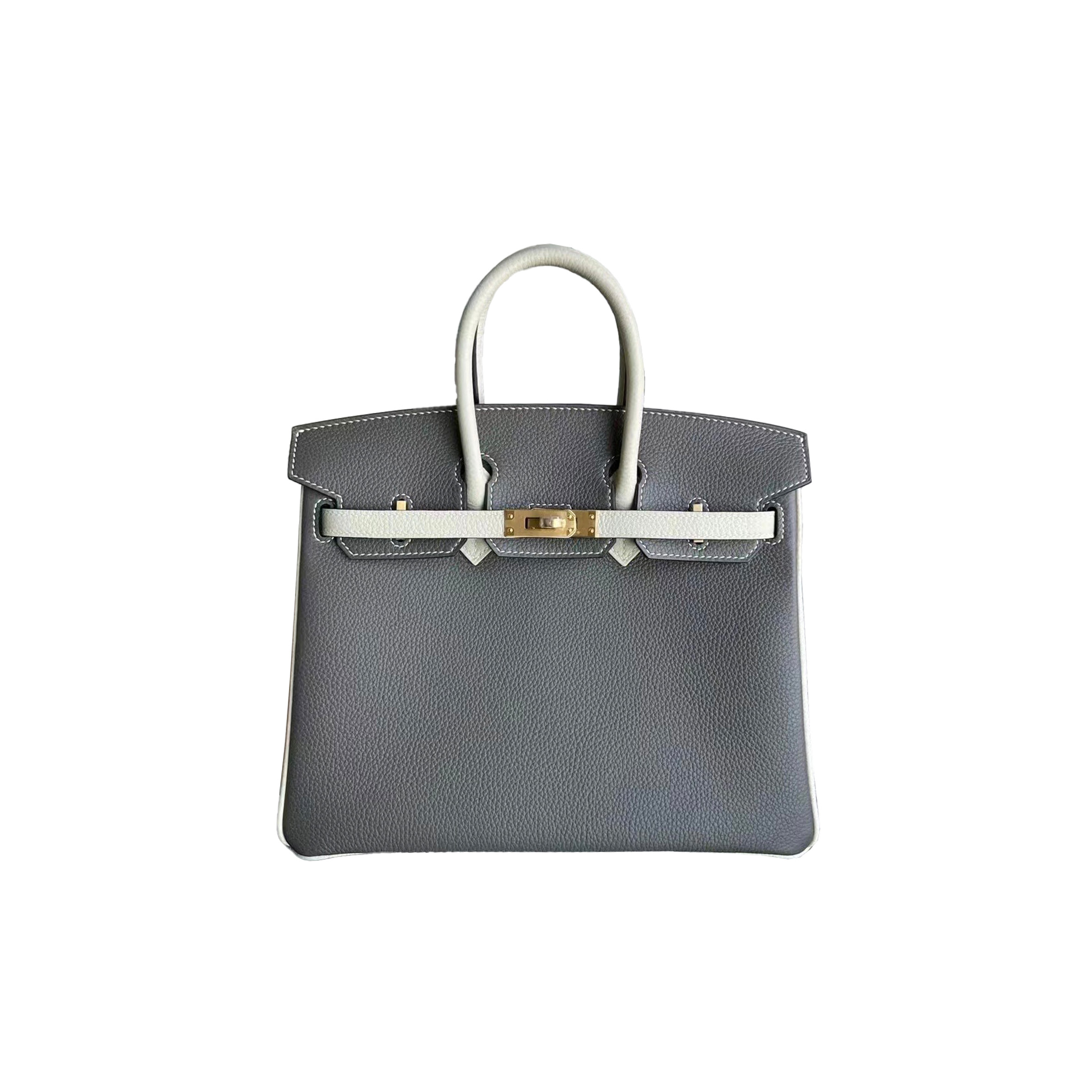 HERMES BIRKIN 25 TOGO LEATHER ASPHALT GREY AND MILKSHAKE WHITE GOLD BUCKLE BAG H028365CC09 (25*20*13cm)